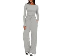Joligiao Conjunto Deportivo Mujer 2 Piezas Chándales Para Mujer Suave Top Manga Larga y Pantalón Anchos Recto con Bolsillo Salón de Cómodo Moda Color Sólido para Fitness Jogging(Gris claro,XL)