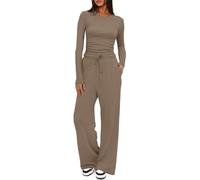 Joligiao Conjunto Deportivo Mujer 2 Piezas Chándales Para Mujer Suave Top Manga Larga y Pantalón Anchos Recto con Bolsillo Salón de Cómodo Moda Color Sólido para Fitness Jogging(Café claro,XS)