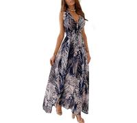 Joligiao Vestidos Largos Verano Mujer Largos Sin Mangas Informal Vestido con Cuello En V Vintage Camisa de Vestir con Estampado de Flores Elegante Playa Vestido Vacaciones Azul M