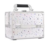 Joligrace Estuche organizador de maquillaje para cosméticos, caja de almacenamiento de belleza, caja de tocador con espejo con cerradura y llaves, Estrella holográfica blanca