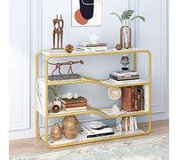JoliJour Mesa Auxiliar Dorada para Sofá de Mármol Sintético, 4 Niveles con Estante Abierto, Consola Estrecha para Sala de Estar, Cocina, Entrada, 100 * 30 * 78cm