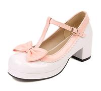 Joliss Mujer Tacón Ancho Clásica T-Strap Lolita Zapatos Mujer Moda Lazos Lolita Zapatos Blanco Talla 36 EU