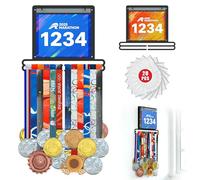 Jolitac Sports Medal Awards Display Rack Wall Mounted Marathon Medals Hanger Holder for 60+ Medals 100 Runner Race Bibs 20 Bibs Flip Vinyl Sleeves