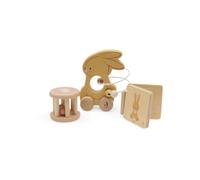 Jollein Juego de Regalo de Juguetes de Madera para bebé con vehículo, sonajero y Libro de Madera, promueve la motricidad Fina y la coordinación de los Ojos de la Mano, Certificado FSC, Bunny Luz