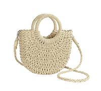 JOLLQUE Bolso de playa de paja para mujer, bolso cruzado de ganchillo pequeño bohemio, asa superior, bonito bolso de mano tejido de mimbre 2026, Beige, Small