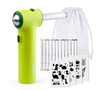 JOLLY Airbrush Textile Set, incl. 12 rotuladores textiles con doble punta, 4 plantillas y 1 bolsa de deporte, colores vivos y brillantes, fijación con plancha