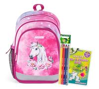 JOLLY Mochila guardería, 6 piezas, correa ajustable al pecho, tiras de seguridad para visibilidad, incl. lápices de colores y libro para colorear, rosa