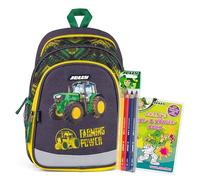 JOLLY Mochila guardería, 6 piezas, correa ajustable al pecho, tiras de seguridad para visibilidad, incl. lápices de colores y libro para colorear, verde/amarillo