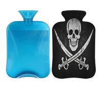 Jolly Roger - Botella de agua caliente con diseño de calavera pirata con funda, bolsa de agua caliente de 2 litros para aliviar el dolor, cuello suave y hombro, calentador de pies, compresa caliente y