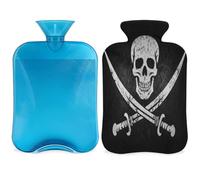 Jolly Roger - Botella de agua caliente con diseño de calavera pirata con funda, bolsa de agua caliente de esqueleto grunge de 2 litros para aliviar el dolor, cuello suave y hombro, calentador de pies