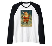 Jolly Santa Patinaje sobre Hielo bajo Estrellas Vintage Navidad Camiseta Manga Raglan