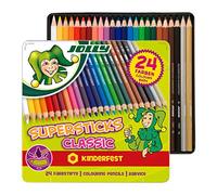 JOLLY Superstick lápices de colores para niños - set de 24 en estuche metálico 3D, forma hexagonal de lápiz de color, mina de 3,8 mm de grosor, material escolar y accesorios