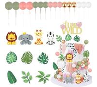 Jollyboom 27 decoraciones de cumpleaños salvajes, decoración de pastel de animales de la selva de safari rosa, elefante, jirafa, león, cebra, decoración de tartas, salvia, verde, rosa, blanco, oro