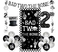 Jollyboom Bad Two the Bone - Decoración de fiesta de cumpleaños para niños, Bad 2 The Bone Banner para puerta, porche, remolinos colgantes, globos de aluminio para niños de 2 años, música rock and