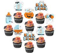 Jollyboom Decoración de fiesta de baby shower de Halloween, 36 piezas con texto en inglés "A Baby Is Brewing Baby Shower", decoración de cupcakes para A Little Boo Is Almost Due Halloween, bienvenida,