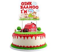 Jollyboom Decoración de fiesta de cumpleaños de animales de granja, Oink Baa Moo I Am Two, decoración de pastel con temática de granero de granja para niños de 2 años de edad, fiesta de animales de