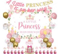 Jollyboom Decoración de princesa para baby shower, telón de fondo con texto en inglés "A Little Princess is on Her Way", decoración para tartas, decoración de cupcakes, globos, castillo rosa, tema de