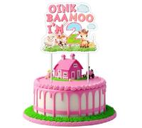 Jollyboom Decoración para fiesta de cumpleaños de 2º cumpleaños con diseño de animales de granja, Oink Baa Moo I Am Two, decoración de pastel de granja rosa para niñas de 2 años, granero, fiesta de