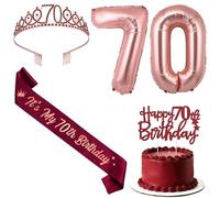 Jollyboom Decoraciones de cumpleaños 70 para ella, decoración de cumpleaños color rojo vino borgoña, decoración de cumpleaños It's My 70th Sash Cake Topper Tiara Banner Número 70 Globo de aluminio