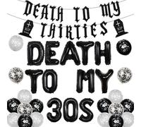 Jollyboom Decoraciones de cumpleaños de Death to My 30s, decoraciones de 40 cumpleaños negras, decoración de los años treinta para mujeres y hombres, globos de pancarta de Death to My Thirties para él