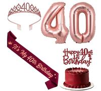 Jollyboom Decoraciones de cumpleaños número 40 para ella, decoración de cumpleaños color rojo vino borgoña, decoración de cumpleaños It's My 40th Sash para tarta, tiara, número 40, globo de aluminio