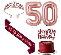 Jollyboom Decoraciones de cumpleaños número 50 para ella, decoración de cumpleaños de color rojo vino y borgoña, con texto en inglés "It's My 50th Sash", tiara, pancarta número 50, globo de aluminio