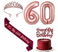 Jollyboom Decoraciones de cumpleaños número 60 para ella, decoración de cumpleaños de color rojo vino y borgoña, con texto en inglés "It's My 60th Sash", tiara, pancarta con el número 60, globo de