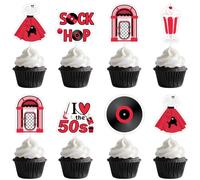 Jollyboom Decoraciones de fiesta de los años 50, 24 piezas de decoración de fiesta de Sock Hop para cupcakes para música rock and roll con texto en inglés "I Love The 50s 1950's Retro Supplies