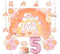 Jollyboom Five Is a Vibe - Decoración para fiesta de cumpleaños, decoración de cumpleaños número 5 para niña, globos de fondo para niña, remolinos colgantes, decoración para tartas, número 5, papel de