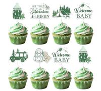 Jollyboom Let The Adventure Begin - Decoraciones para baby shower, 24 piezas de decoración para cupcakes de camping Adventure Awaits para fiesta de bienvenida de bebé de montaña verde salvia
