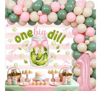 Jollyboom One Big Dill - Decoración de cumpleaños para niña, pepinillo, decoración de fiesta de primer cumpleaños, telón de fondo rosa de 32 pulgadas, globo de aluminio número 1, globos de aluminio