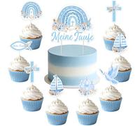 Jollyboom Set de decoración para bautizo - 24 unidades azul Mi bautismo decoración para tartas y cupcakes arco iris Boho con cruz paloma Biblia eucalipto motivo para niño primera comunión confirmación