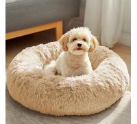 JOLLYVOGUE Cama calmante para perros de color blanco roto, antiansiedad, lavable, redonda, mullida, acogedora y suave para perros pequeños y medianos (20 pulgadas)