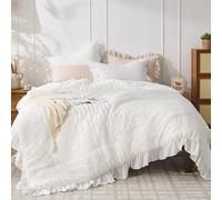 JOLLYVOGUE Juego de edredón tamaño King, edredón blanco de sirsaca de 3 piezas, juego de ropa de cama ligero y esponjoso para todas las estaciones, con 1 edredón con volantes y 2 fundas de almohada