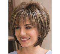 JOLNVCA Pelucas cortas con flequillo, corte Pixie, corte pixie, pelucas de pelo sintético liso para mujeres blancas (rubio mezclado marrón)