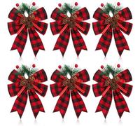 Jolsaawie 12 Piezas de Lazos Navideños Negros y Rojos con Piñas y Agujas de Pino, Lazos de Cinta A Cuadros Navideños, Lazos para Decoración de Árboles de Navidad