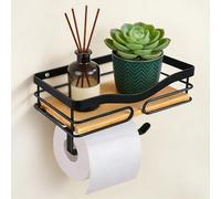 JOLY FANG Portarrollos Papel Higienico en la Pared con Estante de Bambú Natural, Porta Rollos de Papel Higienico sin Taladro 2 en 1, Soporte Papel Higienico Autoadhesivo para Baños y Cocina(Negro)