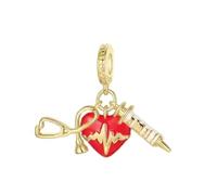 JOME Abalorio Charm de Medicina en Plata de Ley 925 - Diseño de Corazón Rojo, Estetoscopio y Jeringuilla - Compatible con Pulseras de Cadena y Collares - Temática Médicos y Enfermería