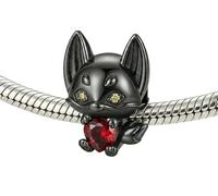 JOME Charm Gato Negro Vampiro en Plata de Ley 925 - Abalorio Bat Cat con Alas y Corazón Rojo - Joya Gótica de Gatito Compatible con Pulseras Europeas - Regalo Halloween y Amantes de los Gatos