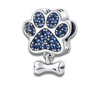 JOME Charm Huella con Hueso - Plata de Ley S925 - Abalorio con Circonitas Azules - Compatible con Pulseras Europeas - Regalo Emotivo para Amantes de Mascotas