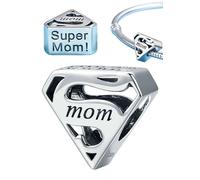 JOME Charm Super Mamá en Plata de Ley 925 - Abalorio con Diseño de Escudo de Heroína y Grabado Super Mom! - Compatible con Pulseras Europeas - Regalo Original Día de la Madre