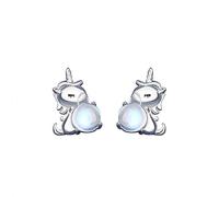 JOME Pendientes Unicornio de Plata de Ley 925 para Niña y Mujer - con Piedra Luna Hipoalergénica - Joyería Pequeña y Original con Estuche para Regalo de Cumpleaños o Comunión