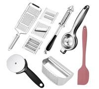 JOME Set de Utensilios de Cocina 6 Piezas en Acero Inoxidable - Kit con Cortador de Pizza, Prensa de Ajos Curvo, Rallador Mandolina, Pelador y Espátula de Silicona - Gadgets de Cocina para Regalo