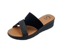 JOMIX Sandales Mules Femme Été à semelle compensée et bandes croisées,semelle amortie,légère et antidérapante,pour la maison,la plage et les loisirs,Fabriqué en Italie,Negro,38 EU