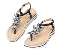 JOMIX Sandalias Cuña Mujer Verano con Entre-Dedos Elegantes con Decoración de Flores y Cuentas Chanclas T-Strap Playa Vacaciones Estilo Bohemio Zapatos Casual Moda WFF260359, Negro, 36 EU