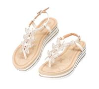 JOMIX Sandalias Cuña Mujer Verano con Entre-Dedos Elegantes con Decoración de Flores y Cuentas Chanclas T-Strap Playa Vacaciones Estilo Bohemio Zapatos Casual Moda WFF260359, Caqui, 38 EU