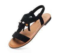 JOMIX Sandalias Mujer Boho con Elástico Tacón Bajo Cómodas para Playa y Ciudad Primavera Verano (BLAK,38)