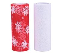 Jomnvo Rollo de tul con diseño de copo de nieve de Navidad, 2 rollos de tul rojo y blanco, cinta de tela transparente con purpurina, para decoración de Navidad, lazos de regalo para hacer tutú