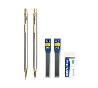 JOMPENS Juego de 5 lápices mecánicos de metal completo de lujo de 0,5 mm, minas de lápiz mecánico dorado y plateado, diseño artístico, boceto, pintura, papelería escolar (plata)