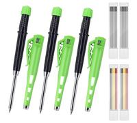 JOMPENS Juego de lápices de carpintero de punta larga de 55 mm, 3 lápices de carpintería con 24 recambios, tapa protectora y sacapuntas integrado, perfecto para construcción y uso en talleres (verde)